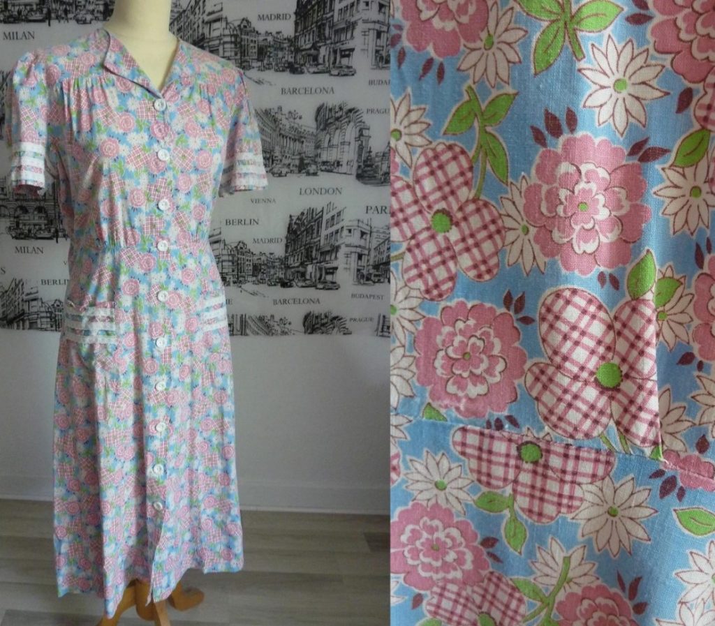 1940s Fashion: 1940s cotton House Dress with a lovely floral print, great sleeves and POCKETS . Brand: "The C&D Company"