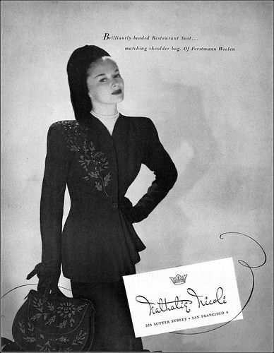 1940s Fashion Ad: Lisa Fonssagrives in a brilliantly beaded restaurant suit and matching bag from Nathalie Nicoli. Harper's Bazaar, October 1947.