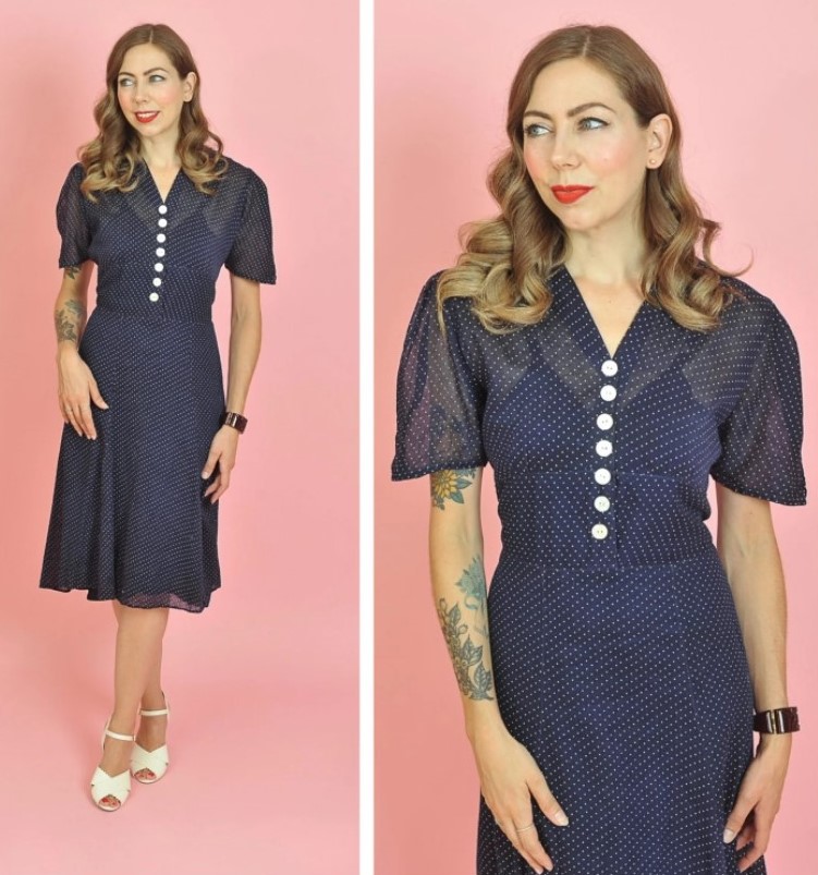 1940's Navy and White Polka Dot Shirtwaist Dress Size X-Large