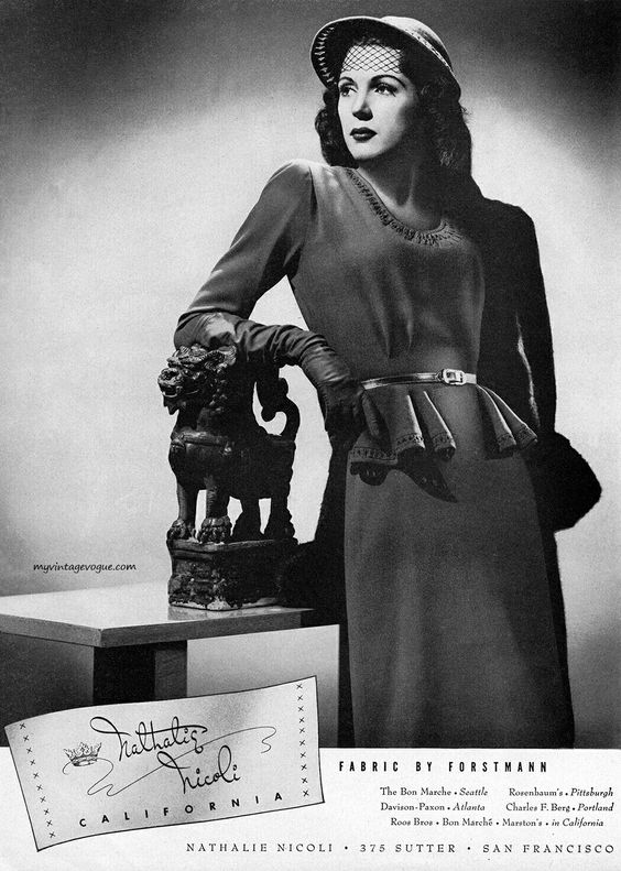 1940s Vintage Ad (1944) for Nathalie Nicoli women's suit. Nathalie was a 1940s fashion designer. 