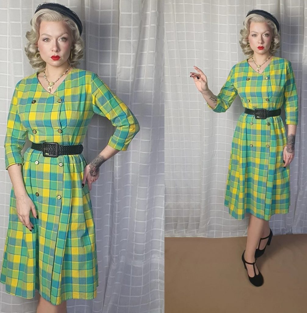 Vintage 1950s 1960s style mid-century yellow green blue plaid 3/4 sleeve shirtwaist dress