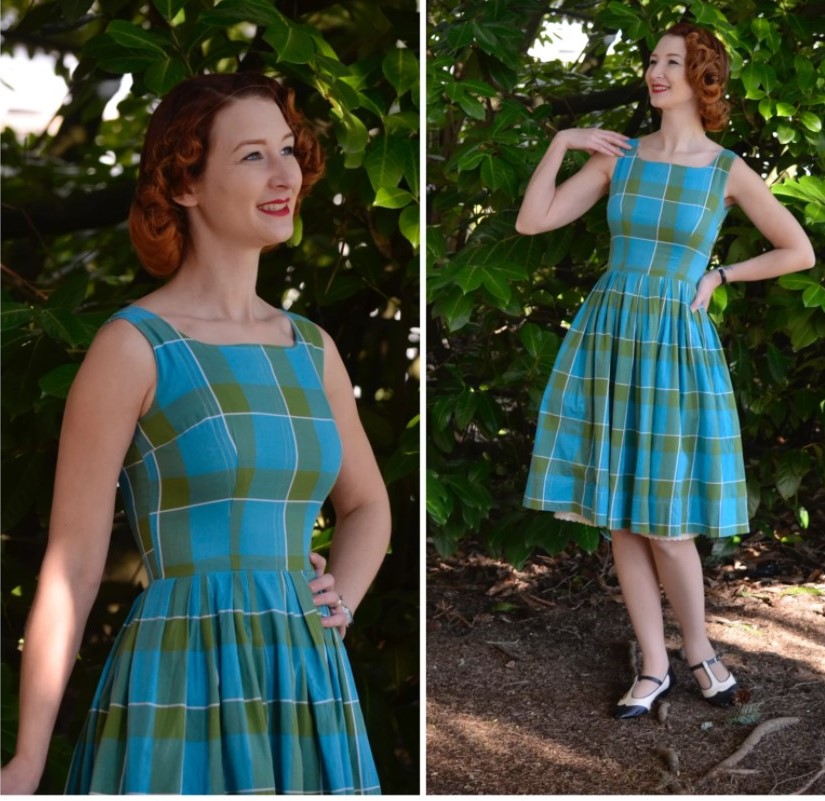 1950s Dress | Sweet 50s Blue and Green Plaid Cotton Dress 