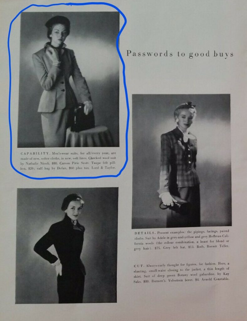 1948 magazine article on late 1940s fashions featuring different fashion designers like Nathalie Nicoli 2 piece women's suit. 