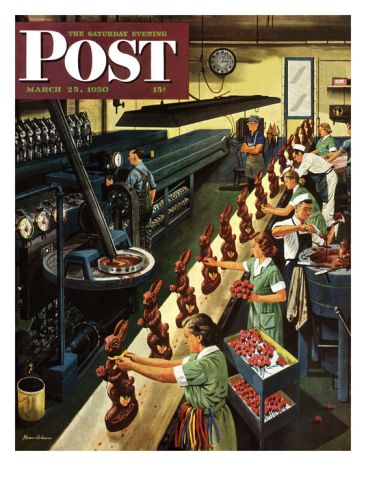 1950s Vintage Magazine Cover: "Chocolate Easter Bunnies" Saturday Evening Post Cover, March 25, 1950