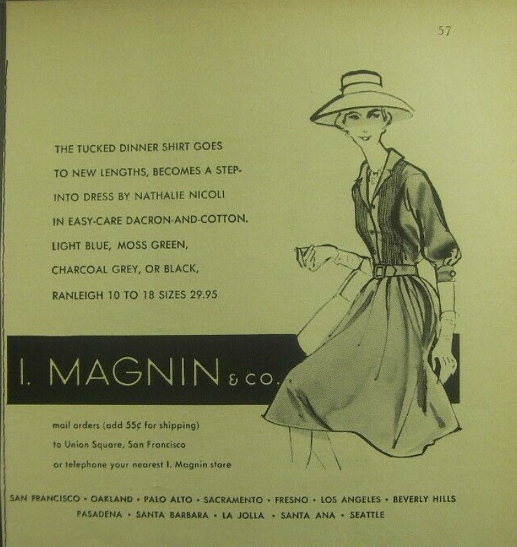 1950s Vintage Fashion Ad: 1959 ad for a I. Magnin Step-Into Dress by Nathalie Nicoli. 1950s Fashion Illustration.