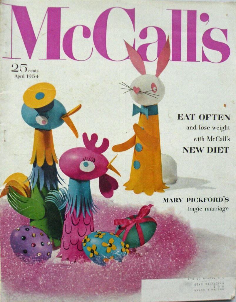 1950s Vintage Magazine Easter Cover-McCall's Magazine April 1954. Featuring Easter eggs and easter bunny and birds done DIY.