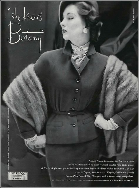 1950s Fashion ad: Suzy Parker in Botany's worsted rep suit by Nathali Nicoli, hat by John-Frederics, Vogue, August 1, 1953