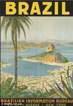 Vintage travel poster for Brazil featuring Sugarloaf Mountain in Rio. 