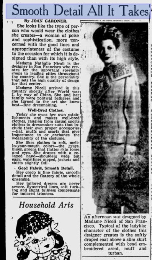 1940s Newspaper article on Fashion designer Nathalie Nicoli