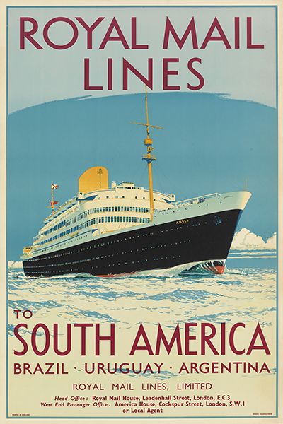 Royal Mail Lines Cruise Ship to South America. Brazil, Uruguay, Argentina. Vintage Travel Poster. 