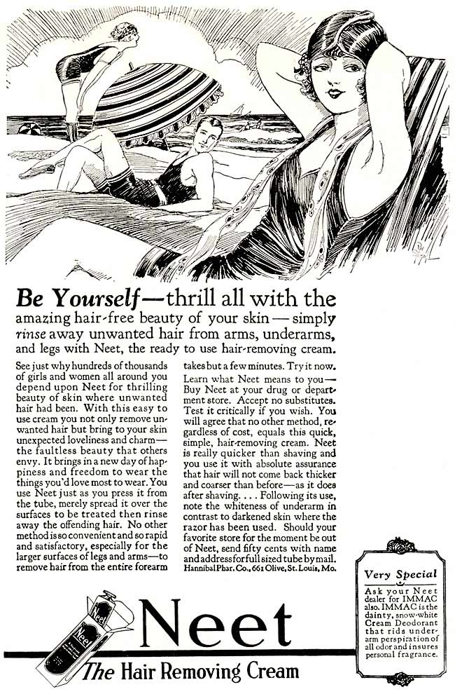 1920s vintage ad for Neet hair remover cream from 1925 featuring 1920s swimmers in 1920s swimsuits. 