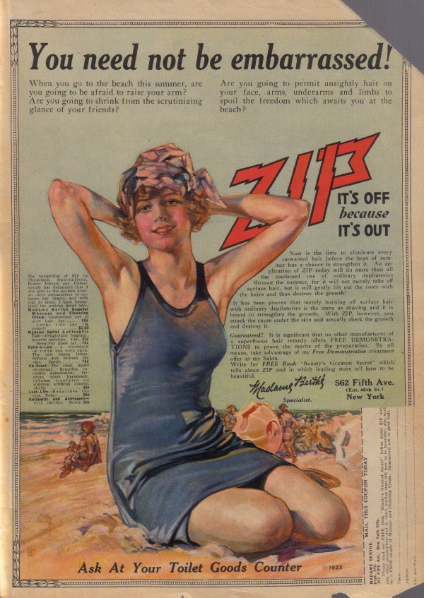 1920s vintage women's shaving ad featuring a woman in a 1920s swimsuit at the beach