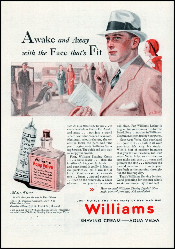 1931 Williams shave cream aqua velva vintage ad. 1930s vintage shaving ad. 