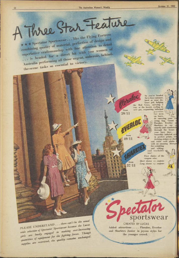 1940s Vintage ad / 1940s Fashion Ad: 1942 advertisement for Lucas Spectator clothes featuring Wartime 1940s women's dresses. 