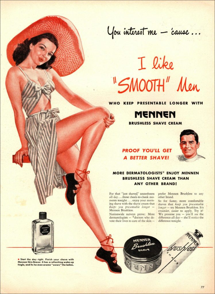 1946 vintage AD for MENNEN Brushless Shave Cream featuring a pinup illustration. 