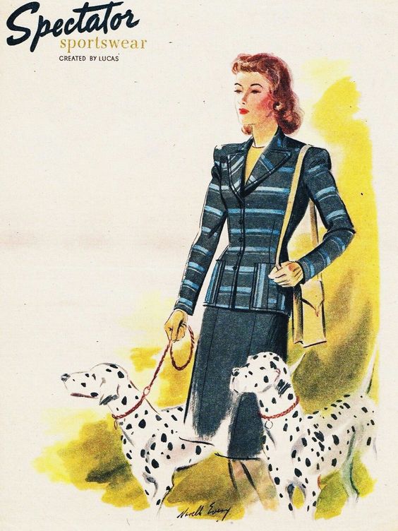 1945 vintage ad for women's 1940s fashion from Lucas Spectator Sportswear line. The fashion illustration features a woman in a two piece suit walking dalmatian dogs. 