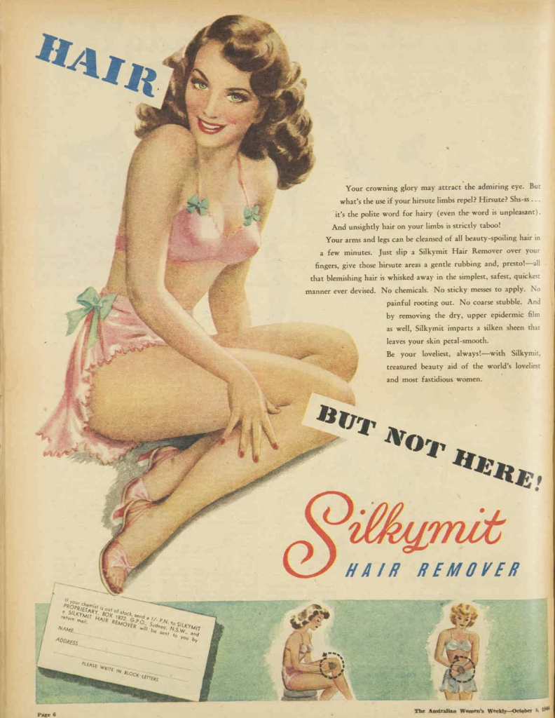 1946 advertisement for Silkymit hair remover - 1940s vintage ad for women's hair remover. 