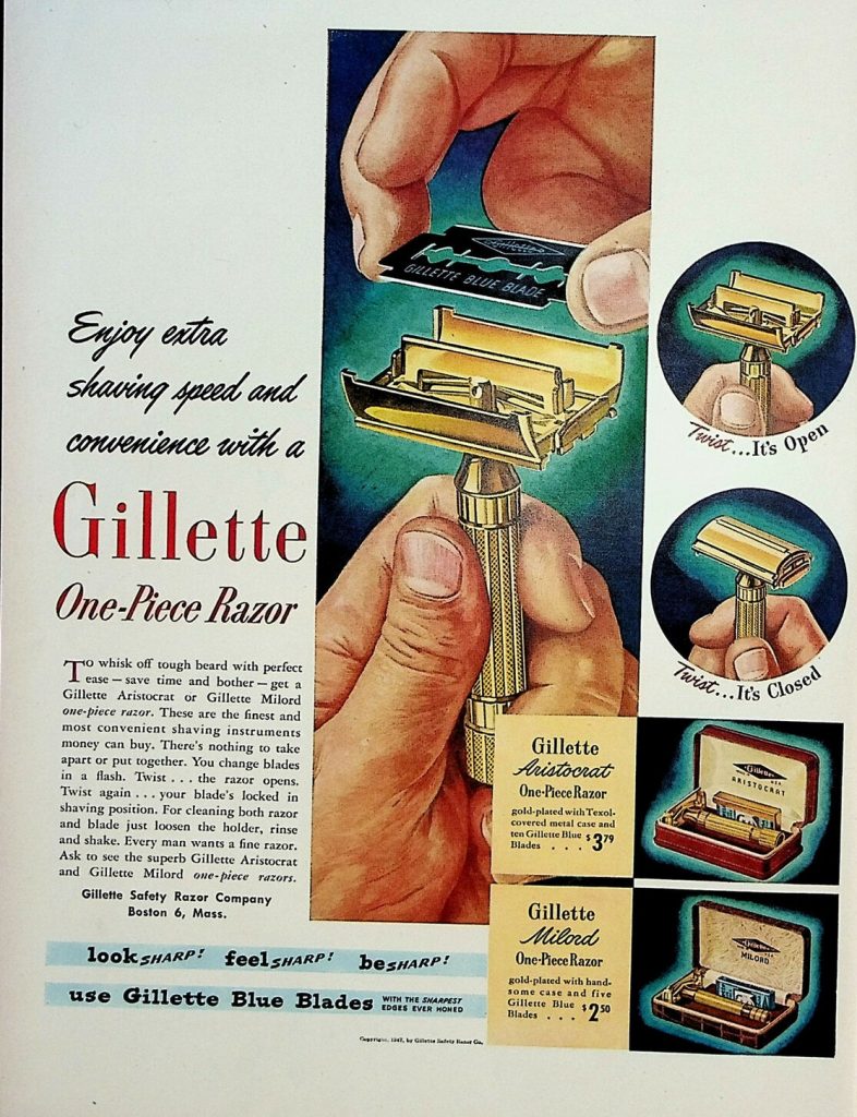 1947 Gillette One Piece Razor Shaving Shaver Blades, 1940s Vintage Print Ad