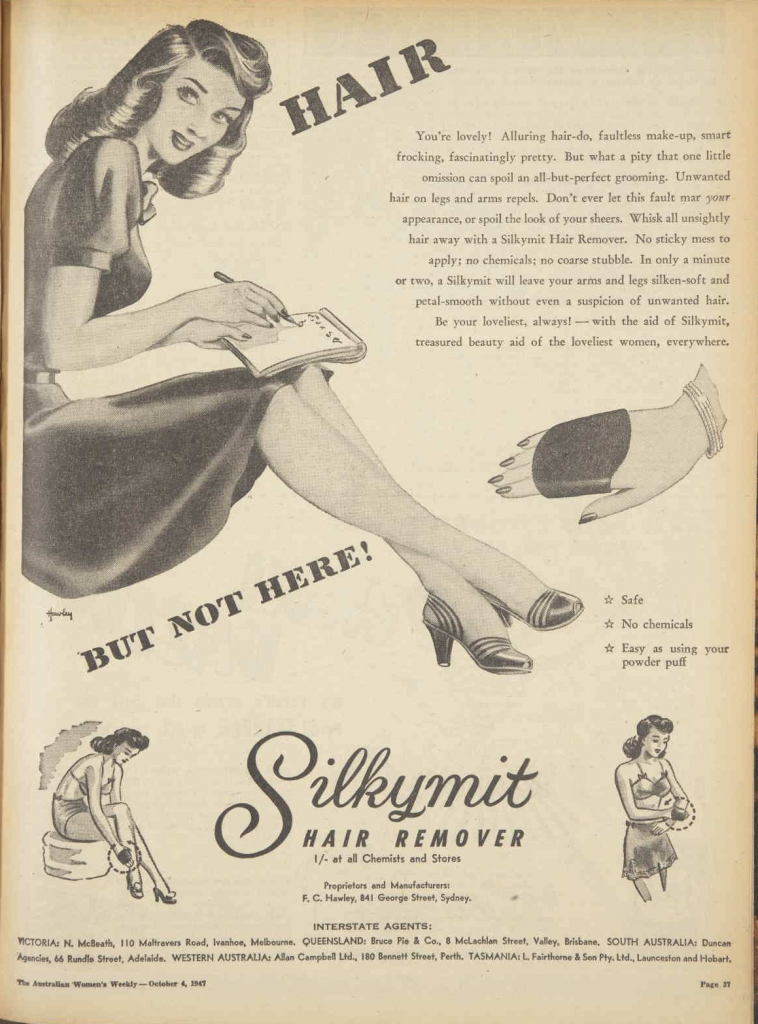 1947 advertisement for Silkymit hair remover. 1940s vintage ad for women's hair remover