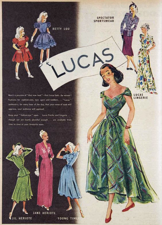 1940s vintage ad: 1940s Fashion ad for Lucas Spectator clothing featuring a collection of their 1940s fashion lines, including a childrens clothing line. 