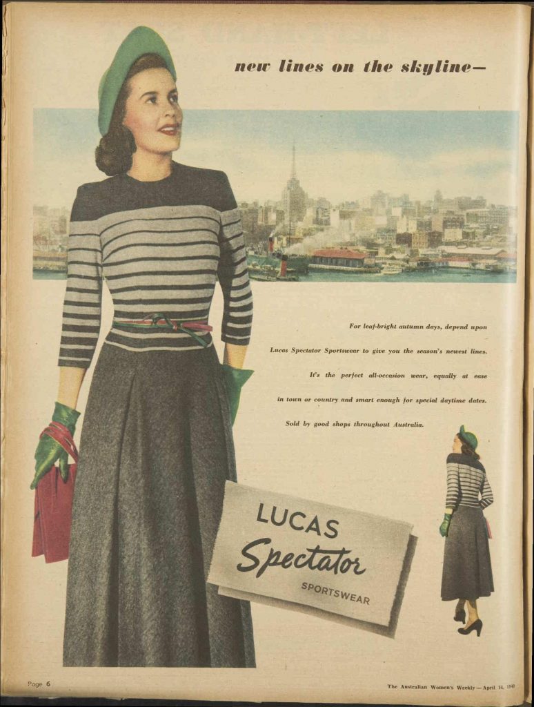 1940s vintage ad / 1940s Fashion: 1949 advertisement for Lucas Spectator ladies sportswear