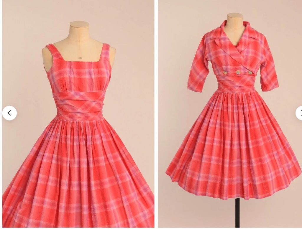 1950s Fashion: Vintage 1950s original pink red check Jonathan Logan cotton dress and jacket 