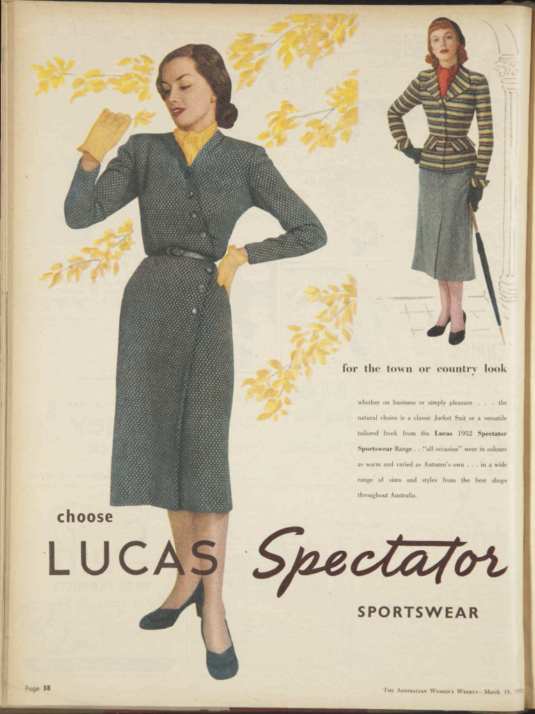 1950s vintage ad / 1950s Fashion Ad: image1952 advertisement for Lucas Spectactor clothes for women. 1950s dresses. 