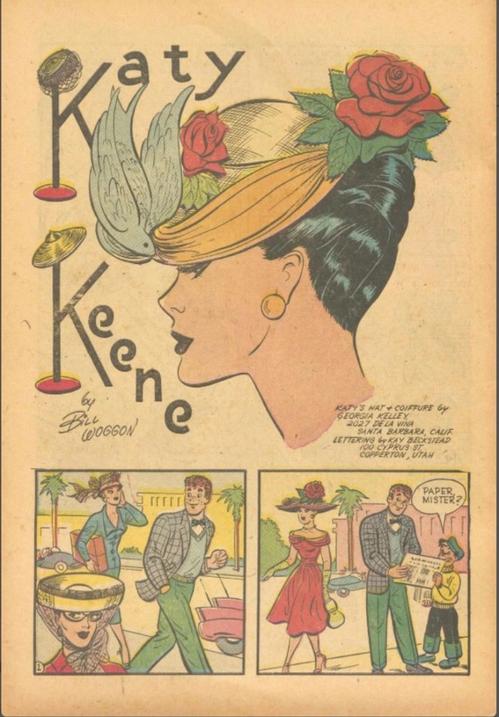 1950s katy keene comic book inside featuring a fashion illustration of 1950s hats and 1950s fashions.