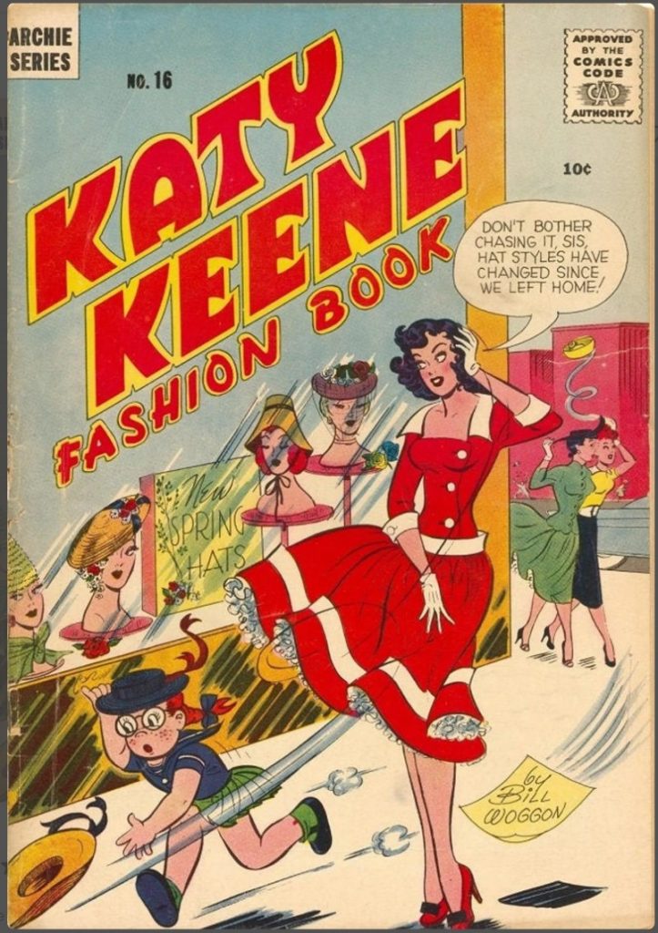 1950s vintage comic book featuring Katy Keene. The magazine cover has 1950s hats on the cover and 1950s fashions. 