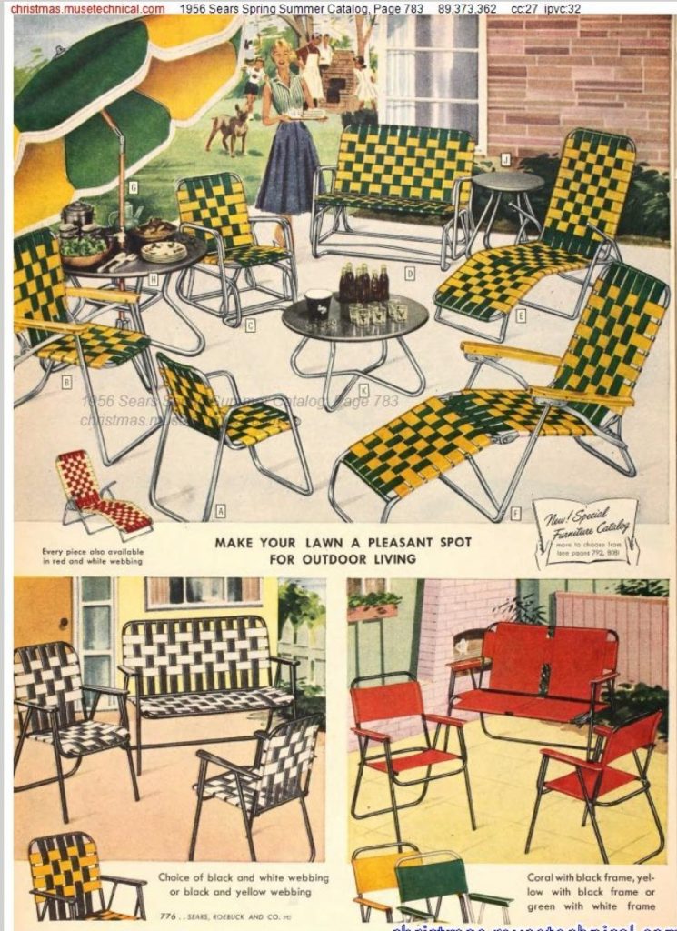 1960s Patio furniture in green and yellow, red and with webbing or aluminum. 