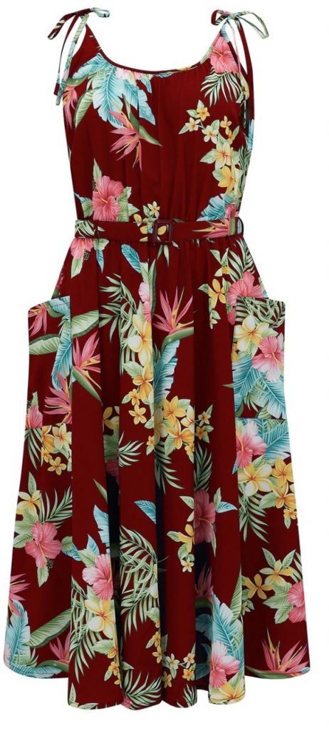 The "Suzy Sun Dress" in Wine Honolulu Print, Easy To Wear Tiki Style From The 50s