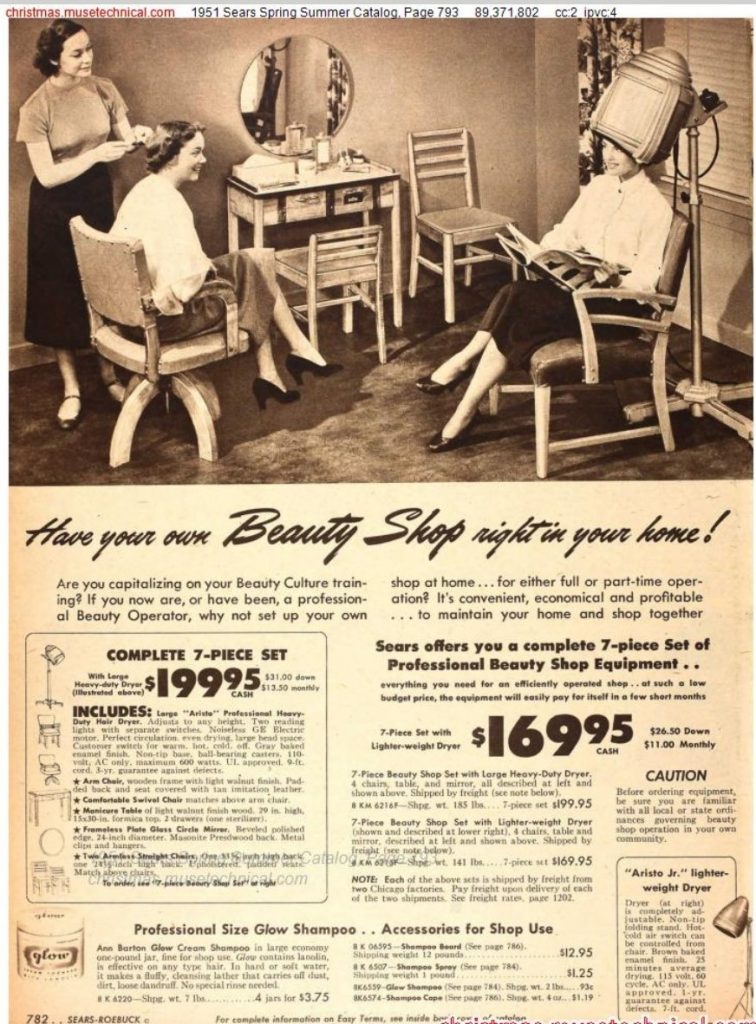 1951 Sears Spring / Summer Catalog page featuring an ad for a Beauty Shop right in your own home!  Complete 7-piece set that includes a 'Heavy-duty Dryer'. 