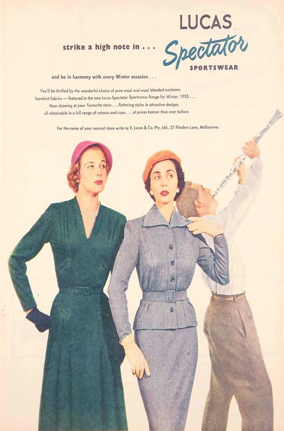 1950s vintage ad / 1950s Women's Fashion ad: 1955 Lucas Spectator Sportswear featuring 1950s dress and 1950s women's two piece suit. 