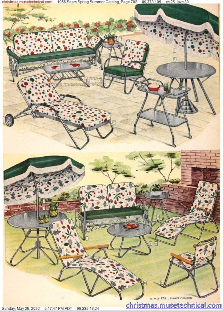 1956 Sears Spring Summer Catalog page for 1950s Patio Furniture. Polka Dot Pattern and Floral Pattern. 