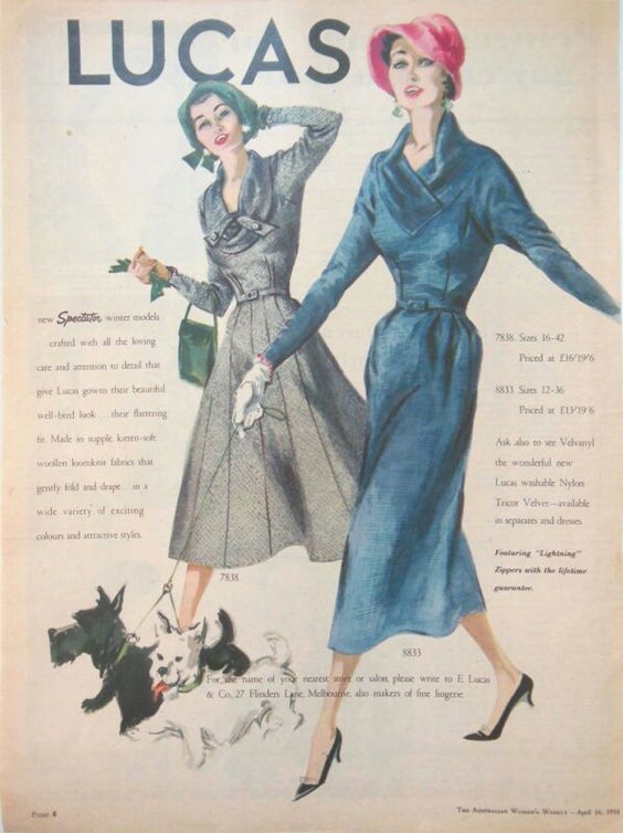 1950s vintage ad: 1958 fashion ad for LUCAS clothing featuring 2 women in 1950s fashions walking their Scottie Dogs