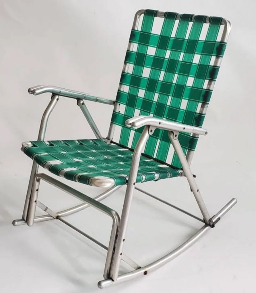 Mid Century Patio Furniture: Folding garden rocking chair made in the 1960s. Aluminum base and nylon slats of green and white color and aluminum arms