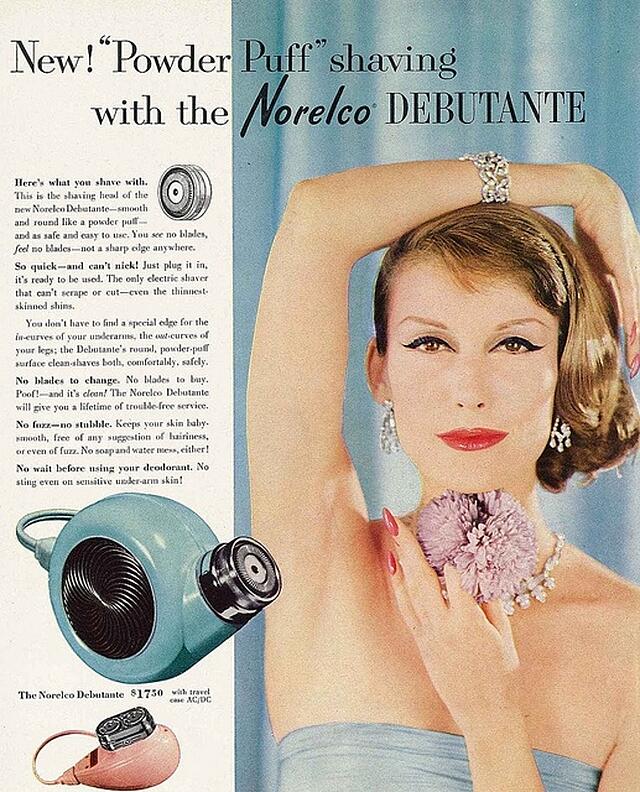 1950s vintage shaving ad for Norleco no blades razor featuring a woman with 1950s makeup and 1950s hair. 