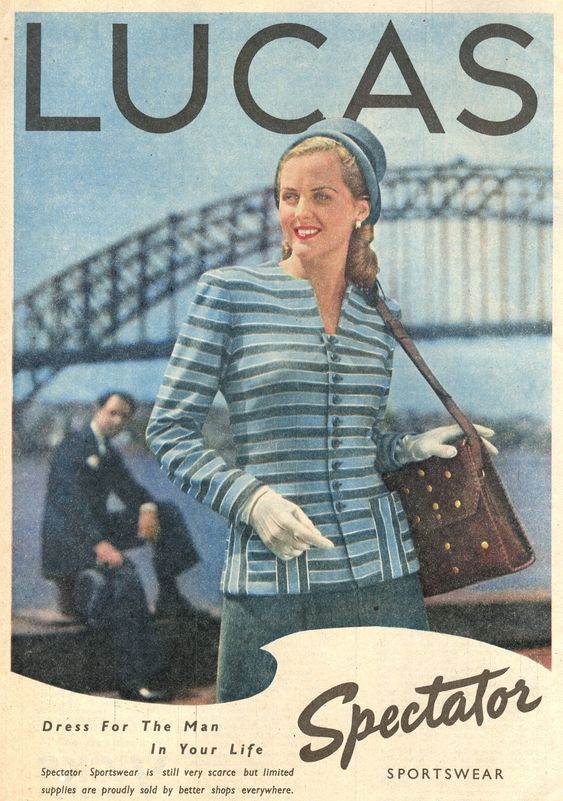 1940s vintage ad / 1940s Fashion Ad: Lucas Spectator outfit from Woman magazine Australia, 1947. 