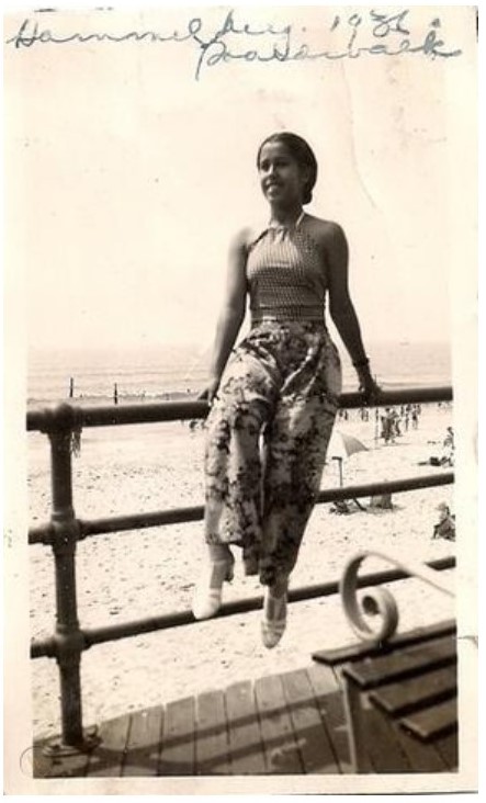 Stunning 1930s Beach fashion on display! Look at those beach pajamas on our lovely Black lady? Photo says: "Hammels" in 1936 ~ "Surf" and "Boardwalk" ~ Hammels was part of Rockaway Beach, New York.