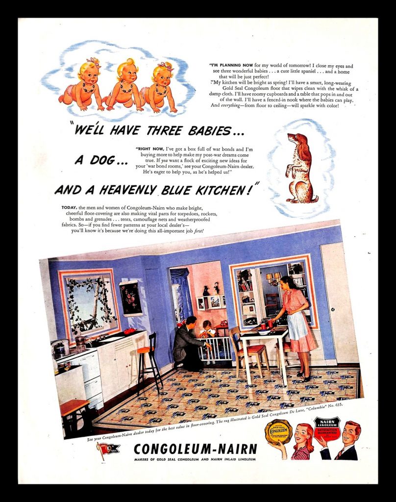 1940s Vintage Ad for Linoleum flooring featuring a 1940s kitchen