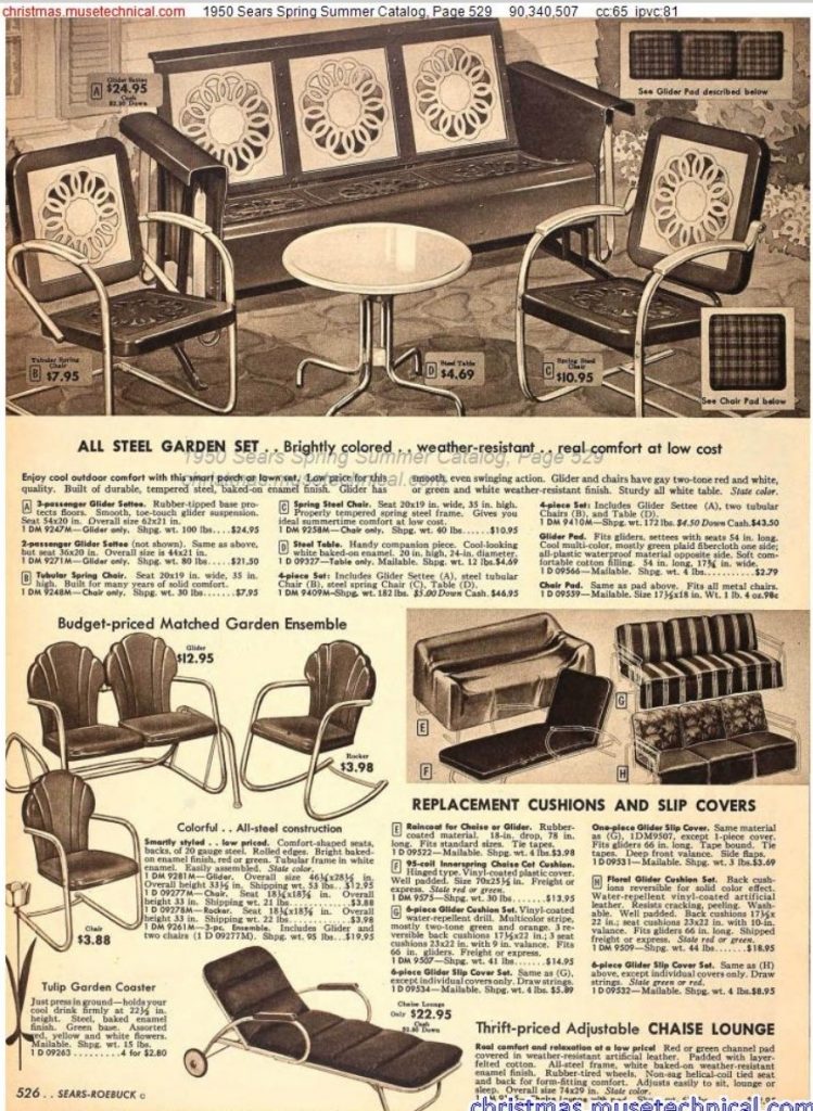 1950 Sears Spring Summer Catalog page featuring 1950s patio furniture. All steel gliders, tables and chairs. 