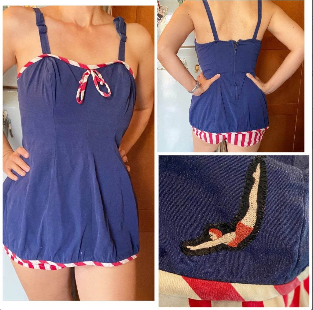 1950s Fashion: Rare Vintage Jantzen bathing suit , 2 piece red white and navy swimsuit. Cute vintage bathing suit. 