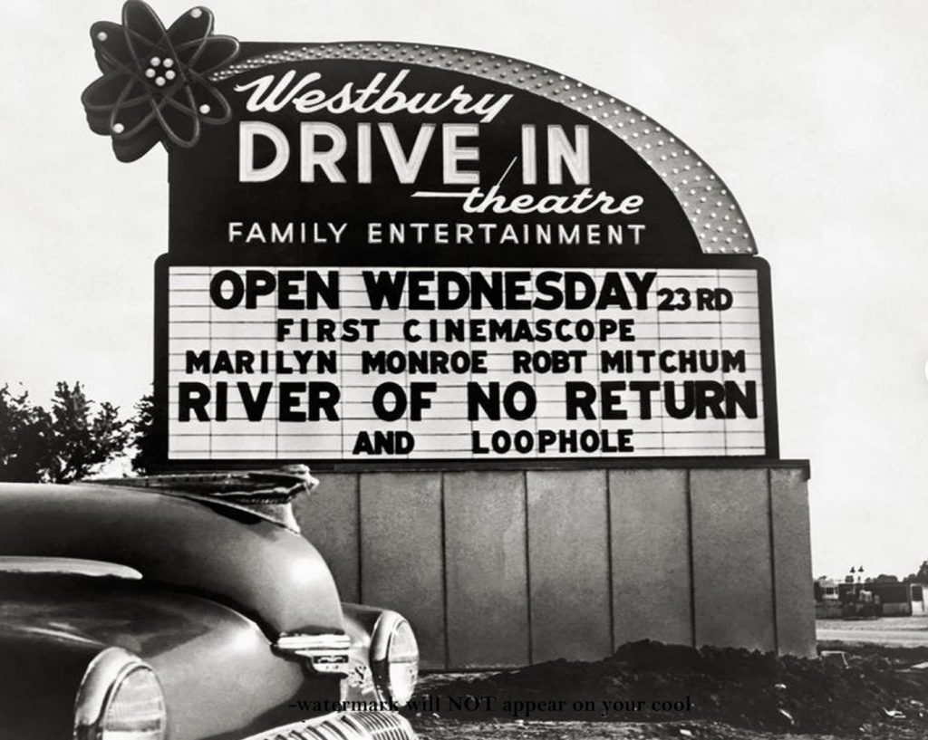 1950s vintage photo of the Westbury Drive-In Movie Theatre. The historic Westbury Drive-In Movie Theater served patrons from June 23, 1954 until it closed in 1998.