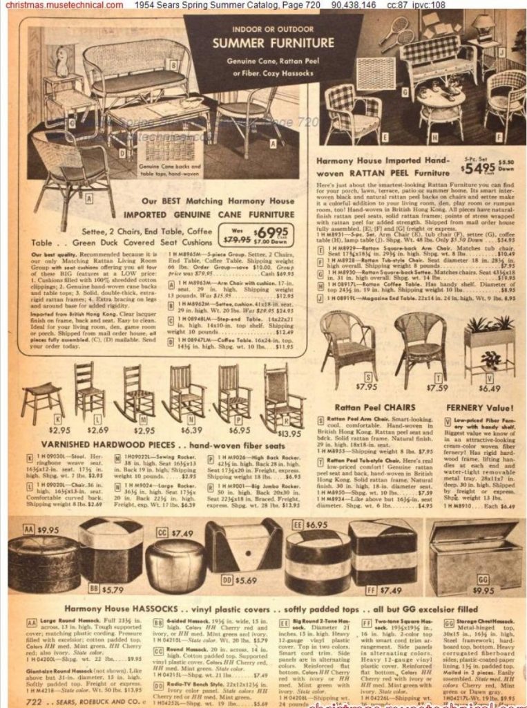 1954 Sears Spring / Summer Catalog featuring Indoor or Outdoor furniture. Rattan, Cane and Fiber. 1950s Patio Furniture inspiration. 