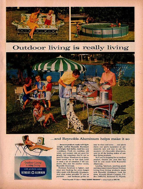 1959 Reynolds Aluminum Ad for 1950s outdoor furniture like pools, loungers, tables and chairs. 1950s Patio Furniture & Lawn Furniture. 