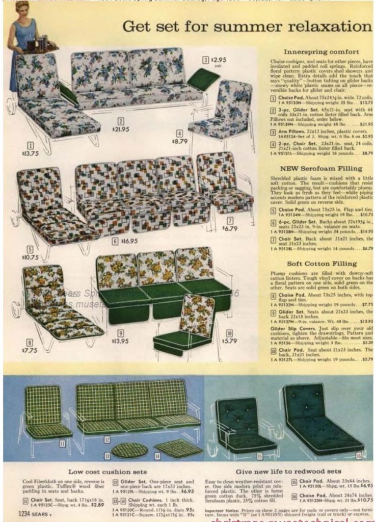 1960s Patio Furniture / Lawn Furniture: glider sets & chaise loungers in fun patterns! 1961 Spring / Summer Sears Catalog.