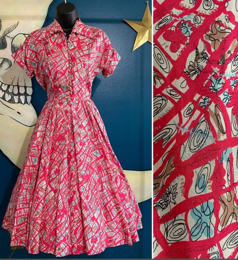 1960s Fashion: 1960s Jonathan Logan Hot Pink Mid-Century Print Dagger Collar Dress