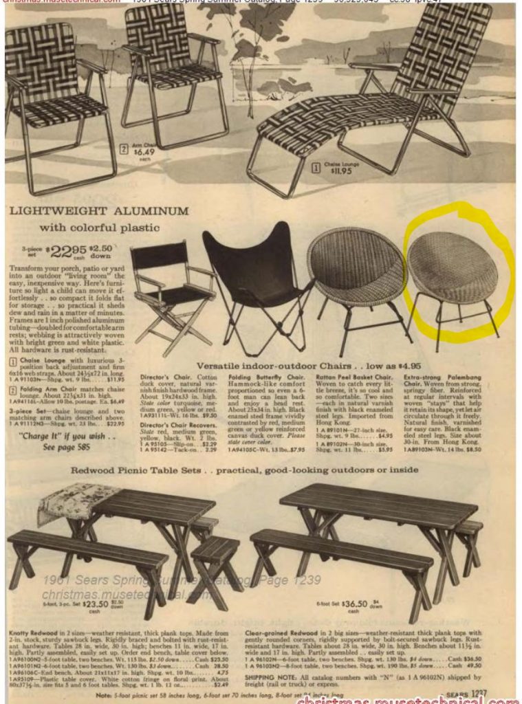 1960s Patio furniture: Butterfly chair, basket chairs, picnic tables, aluminum webbed chairs. Fun 1960s Mid-Century Style. 