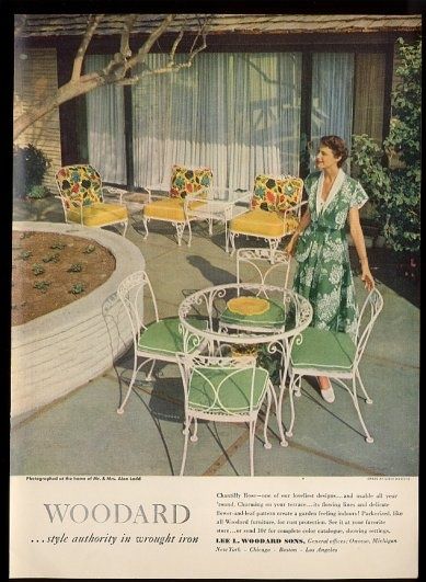 Late 1950s early 1960s Patio Furniture ad for Wrought Iron outdoor furniture. The vintage ad features a woman in a green floral dress with little jacket. 