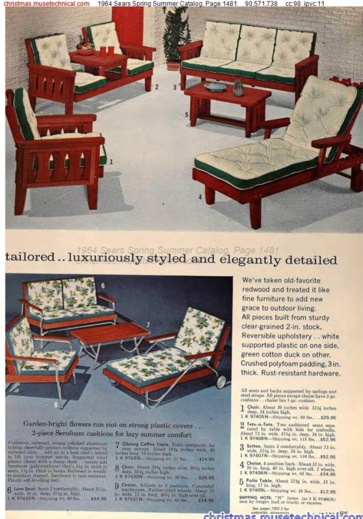 1964 Sears Catalog Patio Furniture in Redwood. Chairs, Loungers and more. 